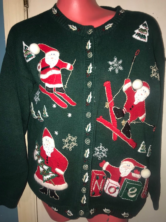 Ugly Christmas Sweater. Vintage Ugly Christmas Sweater. Green Santa Claus Christmas Sweater Party. Christmas Sweater. Size Medium