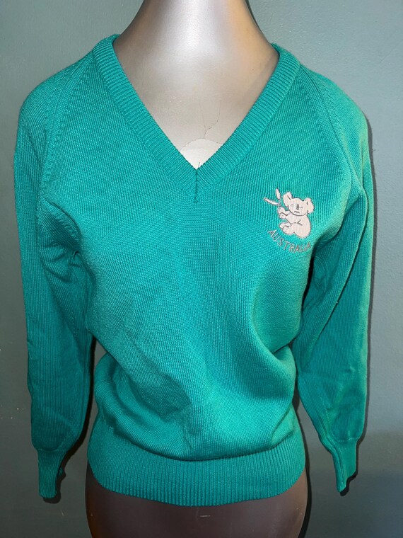 Vintage 1960’s Green Wool Sweater V-Neck Australia Sweater, Koala Bear Emblem, Size 10