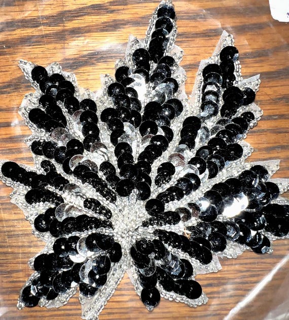 Vintage Black and Silver Sequin Leaf Applique