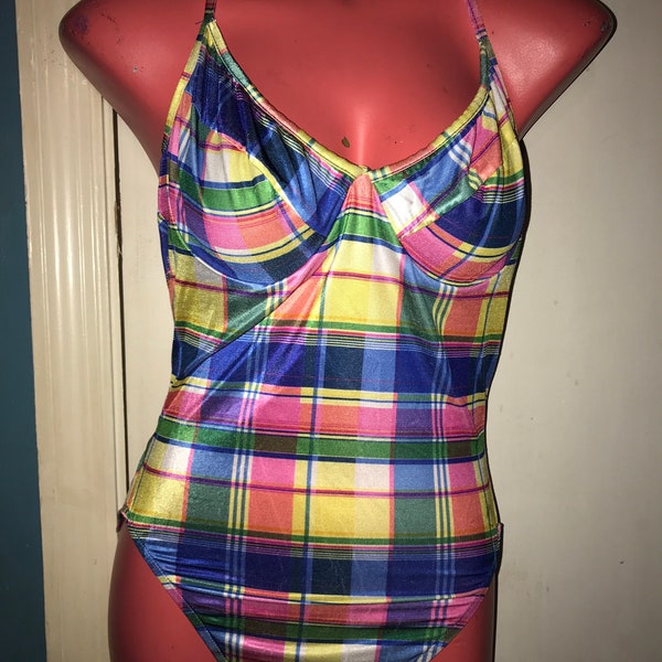 Vintage 1980's Swimsuit. Vintage Colorful Plaid Swimsuit. Bathing Suit. 1980's Plaid Bathing Suit. Twins Miami Swimsuit USA Made Size Large
