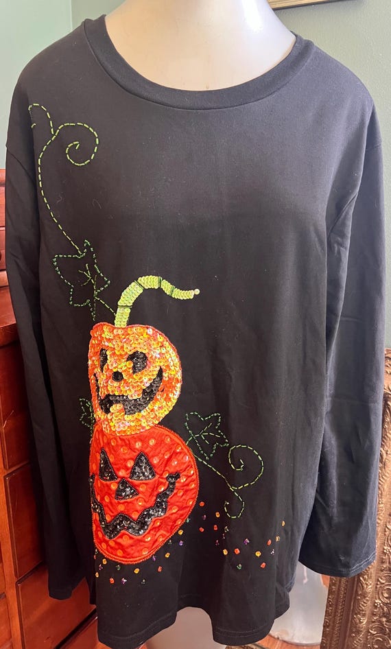 Vintage Sequin Pumpkin Halloween Shirt, Size XL