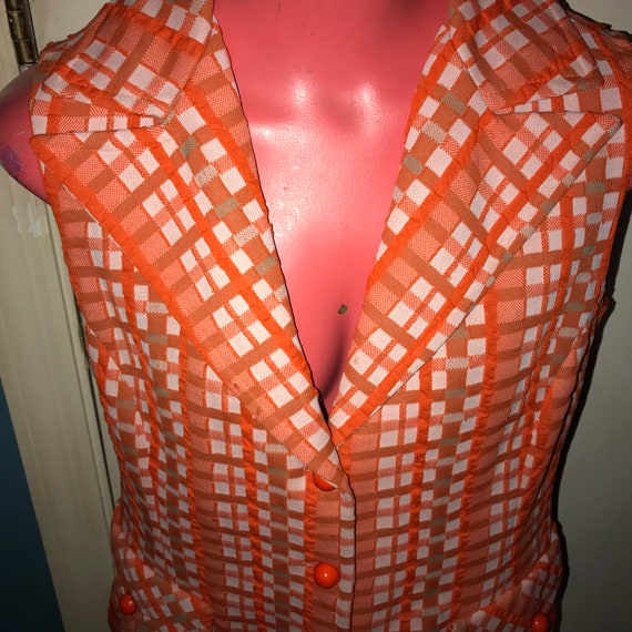 Vintage 60’s Orange Polyester Vest. Orange and Wh… - image 3