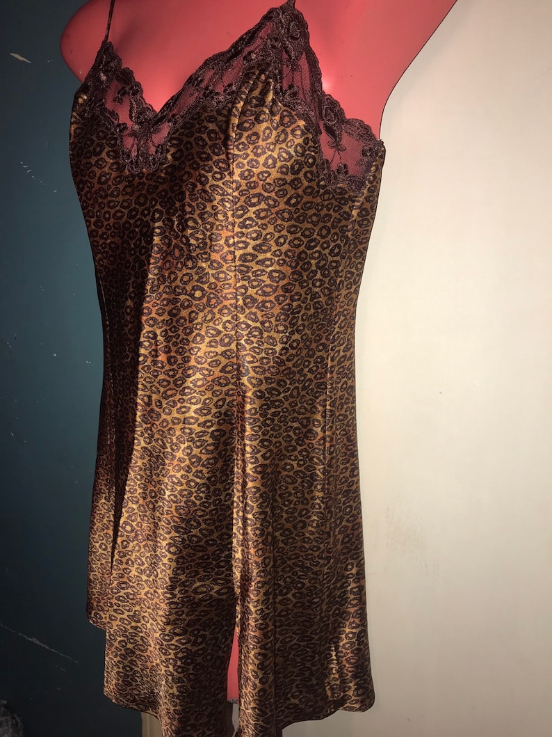 Size Small Vintage Brown Victorias Secret Nightie Short Nightgown Brown Satin and Lace Animal Print Nightie Victorias Secret Nightie