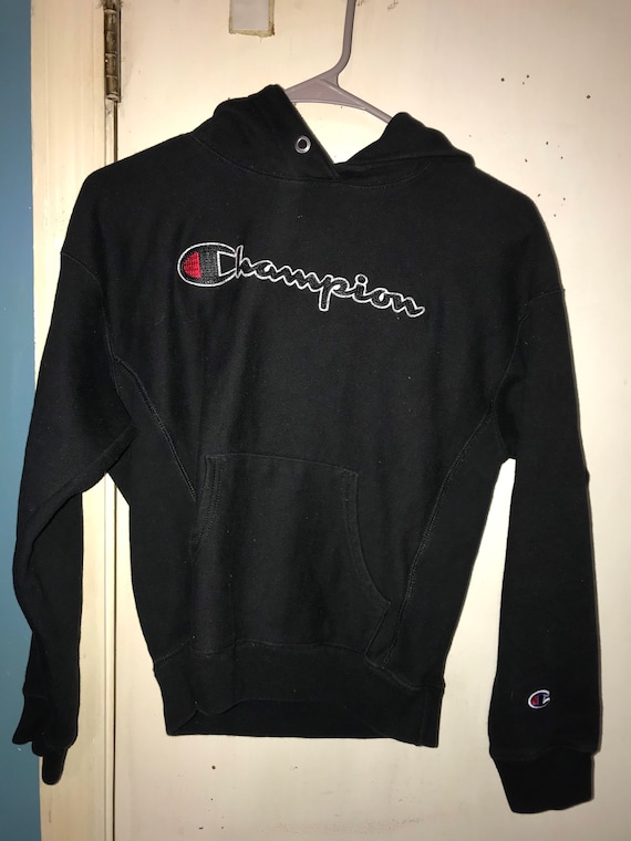 Vintage Kids Champion Hooded Sweatshirt. Kids Blac