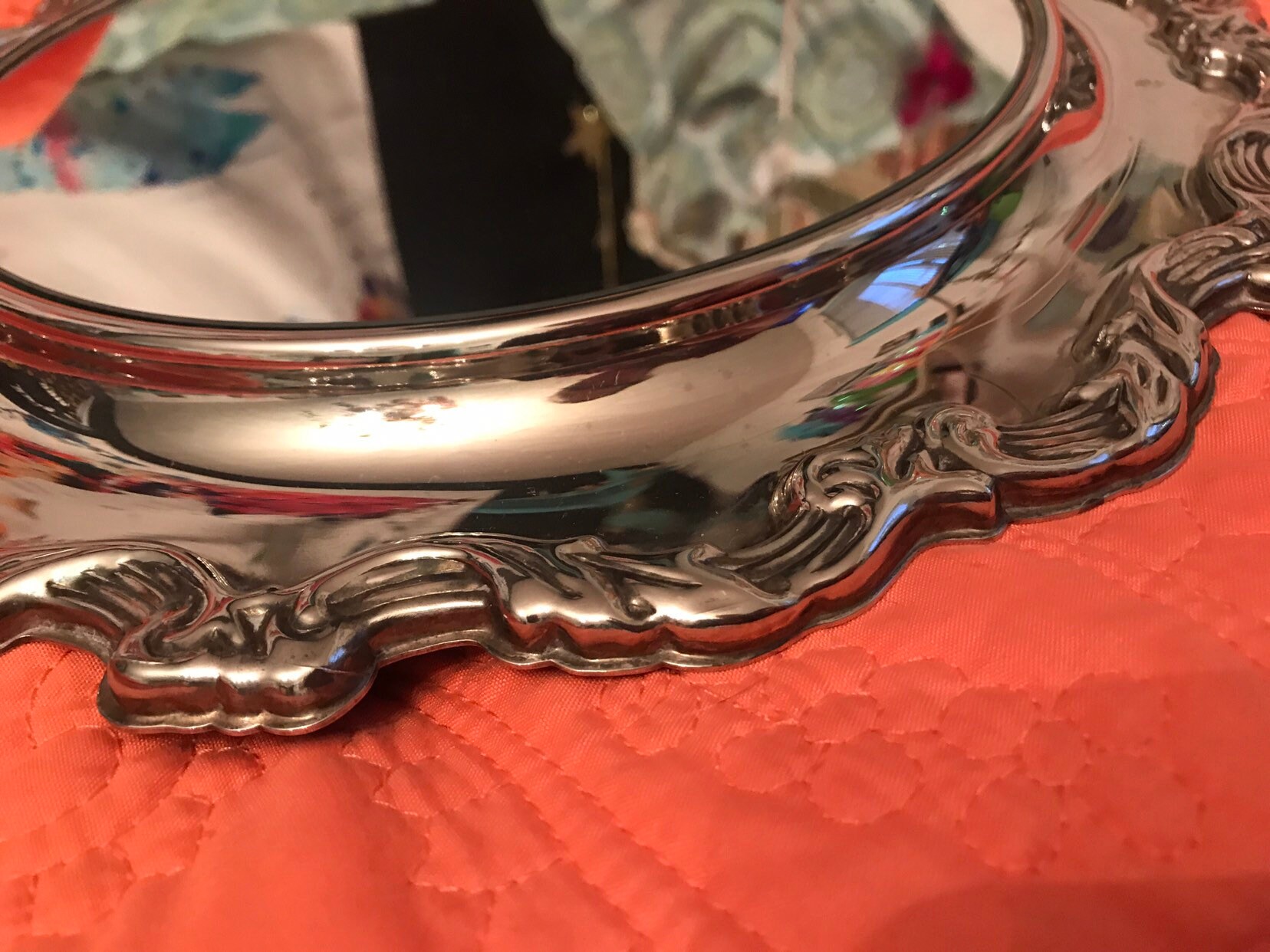 Vintage Mirror Tray. Round Silver Plate Mirror Tray. Silver Footed