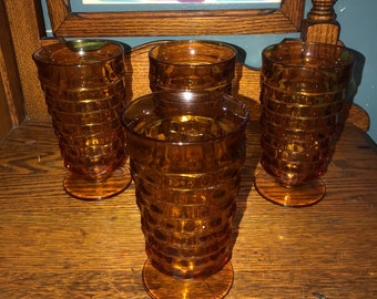 Vintage Amber Glass Footed Water Glasses Set of Four