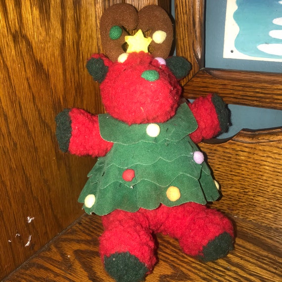 Vintage Applause Red and Green Stuffed Reindeer. So Cute Stuffed Reindeer With Christmas Tree Dress. Applause Stuffed Christmas Toy