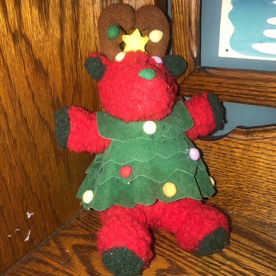 Vintage Applause Red and Green Stuffed Reindeer. So Cute Stuffed Reindeer With Christmas Tree Dress. Applause Stuffed Christmas Toy