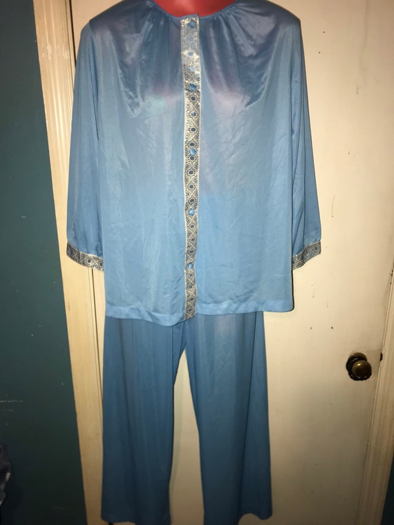 Vintage Blue Nylon Pajama Set. Blue and Gold Pajam