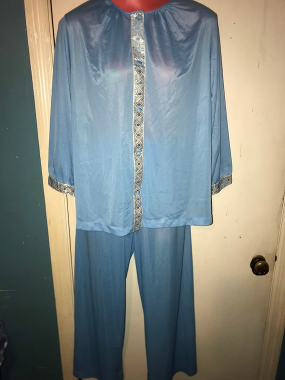 Vintage Blue Nylon Pajama Set. Blue and Gold Pajam