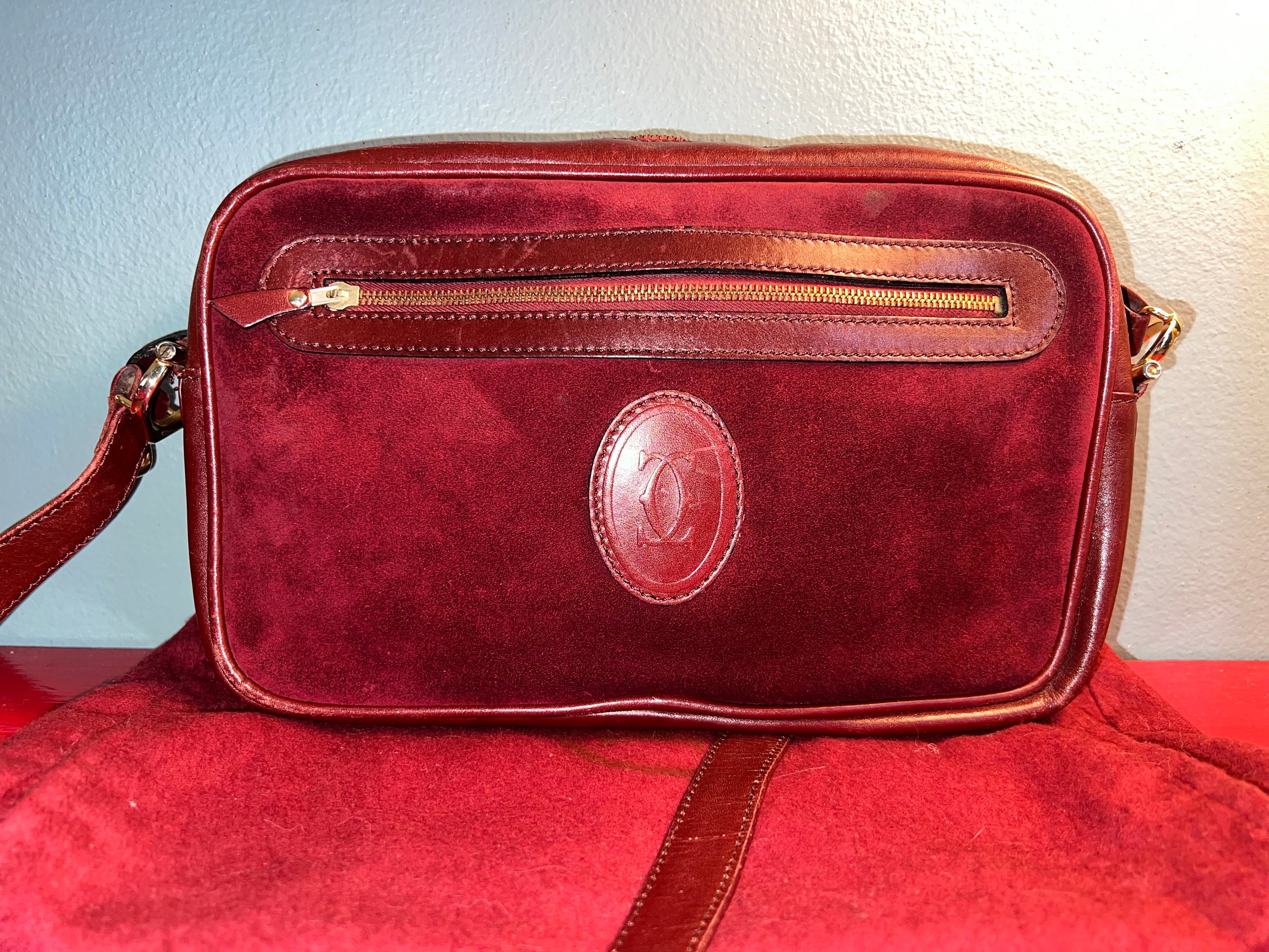 Vintage 1980's Burgandy Cartier Suede Crossbody Purse