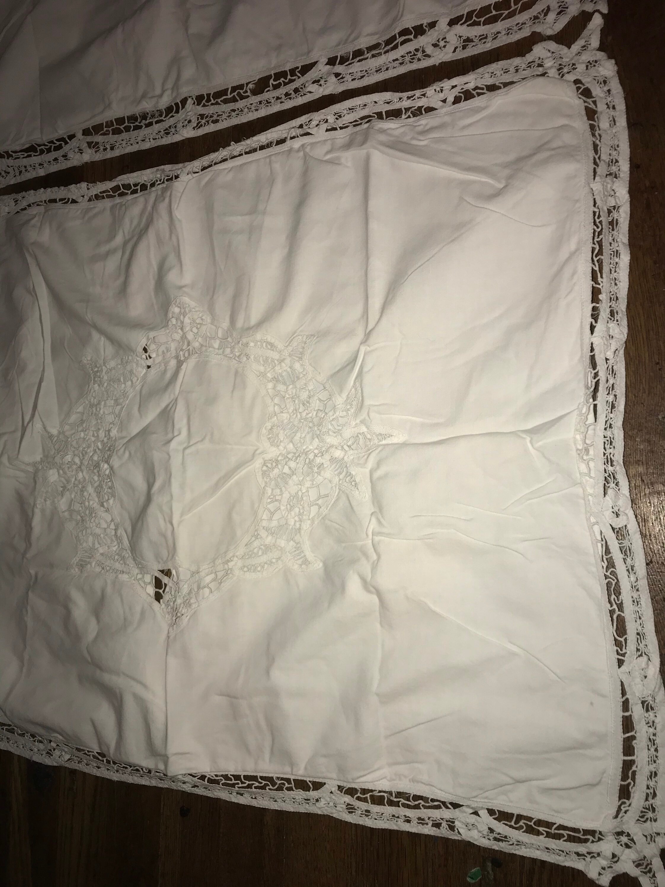 Vintage White Cotton Battenburg Lace Pillow Shams. Two Standard