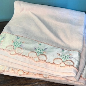 Vintage 1980’s Peach Satin and Lace Towel Set, Two Bath Towels and One Washcloth
