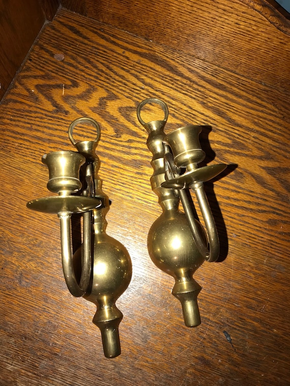 Vintage Brass Wall Hanging Candlestick Holders . Set of Two Brass Candle Holders. Vintage Brass Wall Sconces