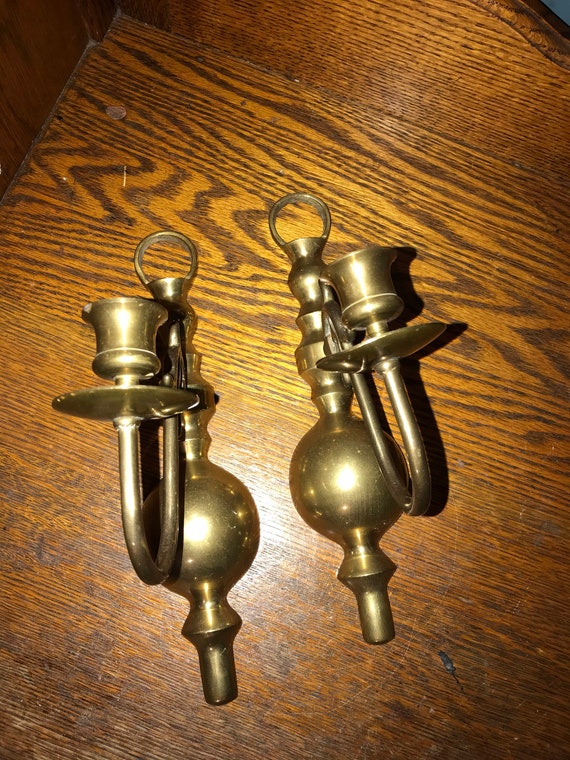 Vintage Brass Wall Hanging Candlestick Holders . Set of Two Brass Candle Holders. Vintage Brass Wall Sconces