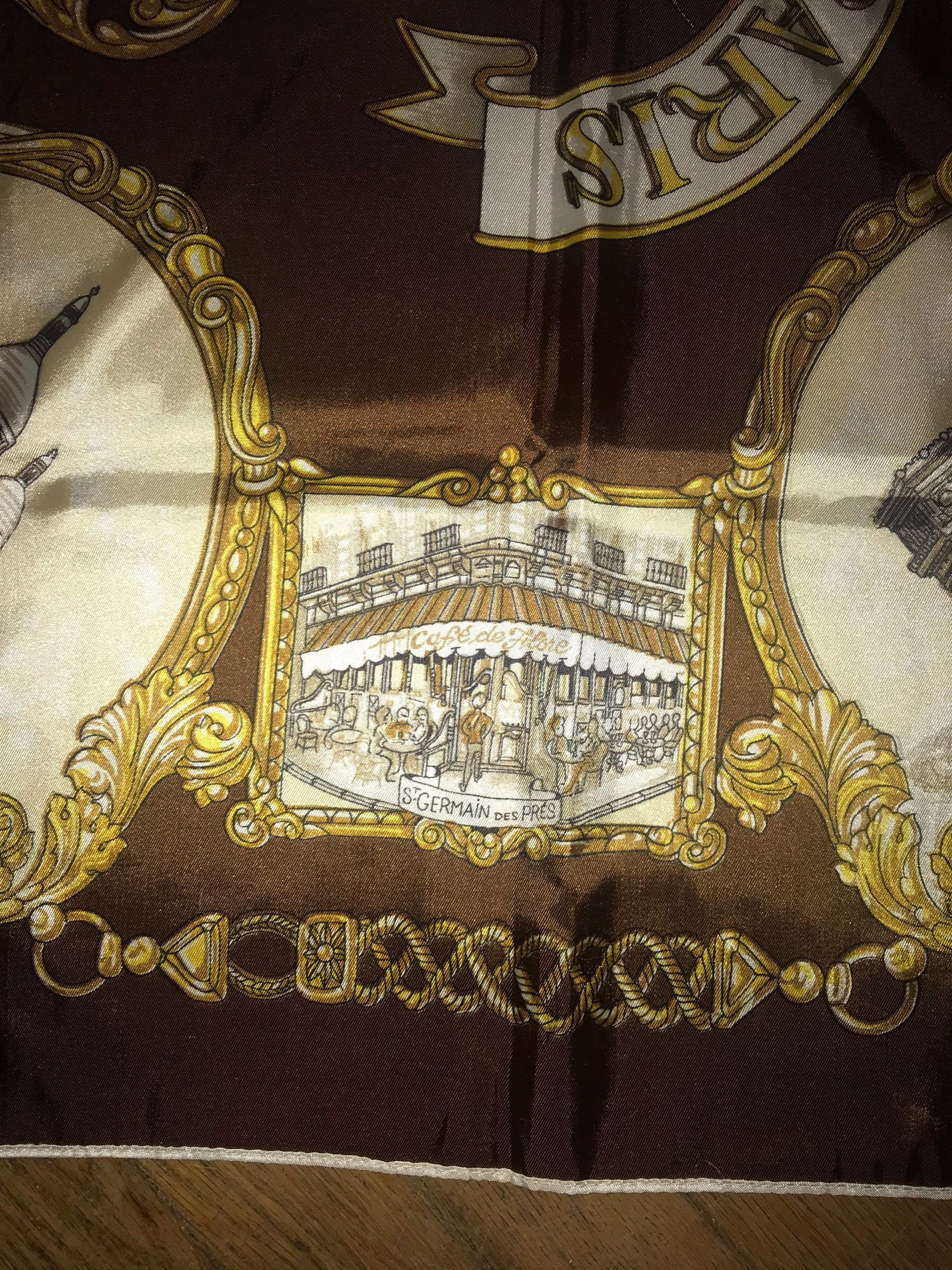Vintage Paris Scarf. Paris, France Souvenir. Large Satin Brown and Gold ...
