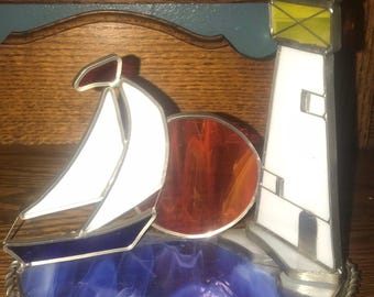 Vintage Stained Glass Sailboat and Lighthouse Votive Candle Holder