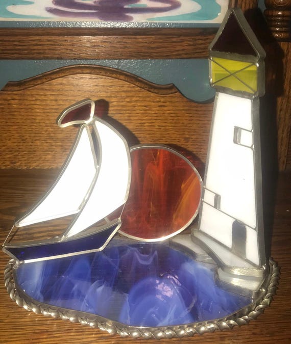 Vintage Stained Glass Sailboat and Lighthouse Votive Candle Holder
