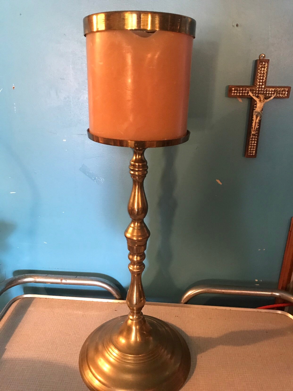 Vintage Huge Brass Candle Holder. Large Brass Round Candle Holder