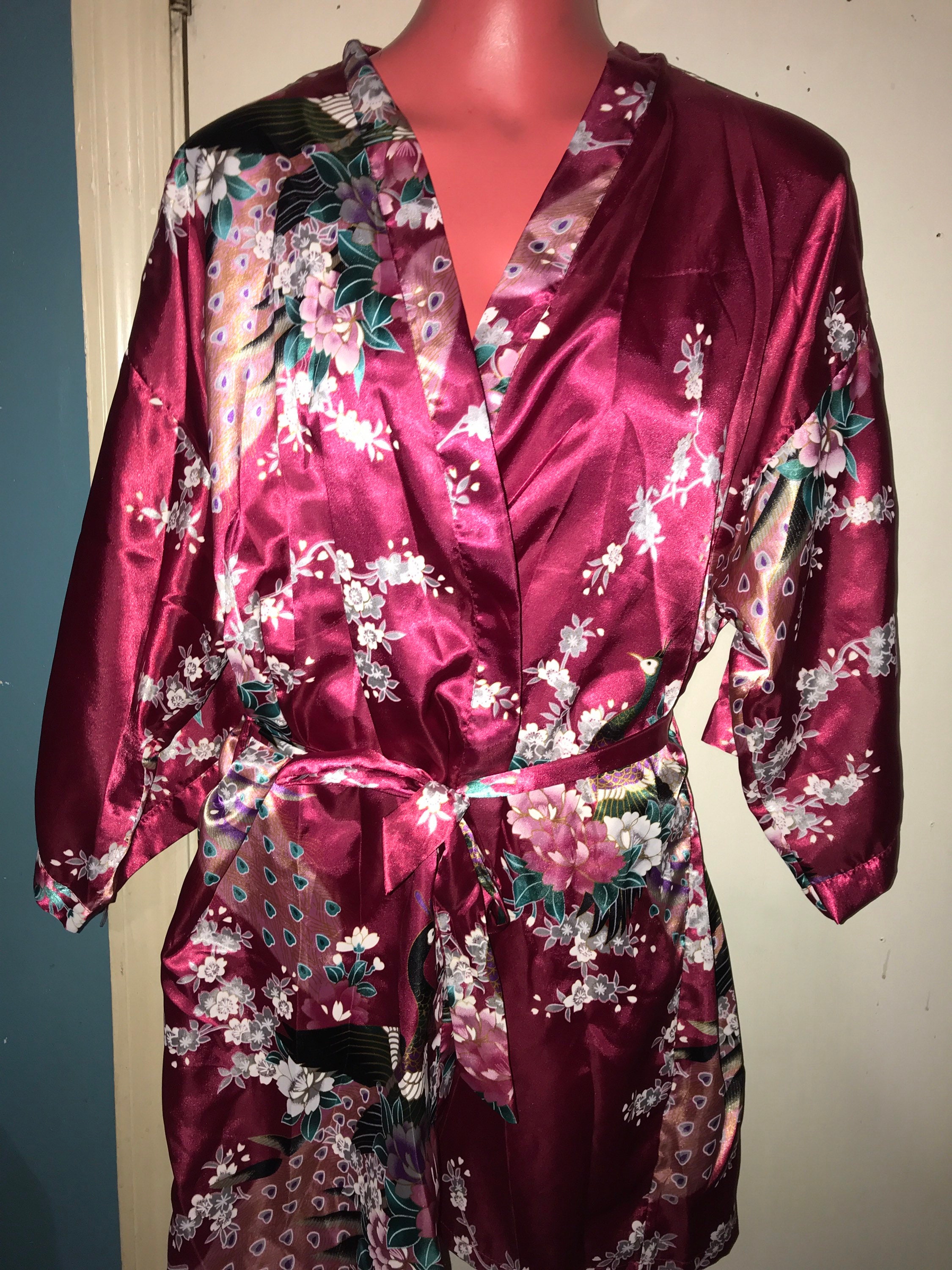 Vintage Asian Robe. Vintage Asian Motif Satin Short Maroon Peacock ...