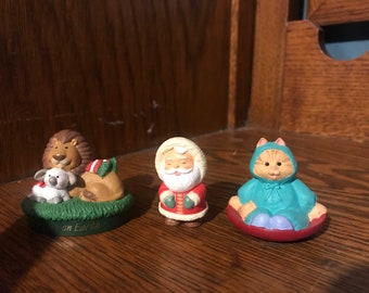 Vintage Hallmark Merry Miniatures. Peace on Earth Lion and Lamb, Sledding Cameron Cat and Santa Claus. Hallmark Merry Miniatures