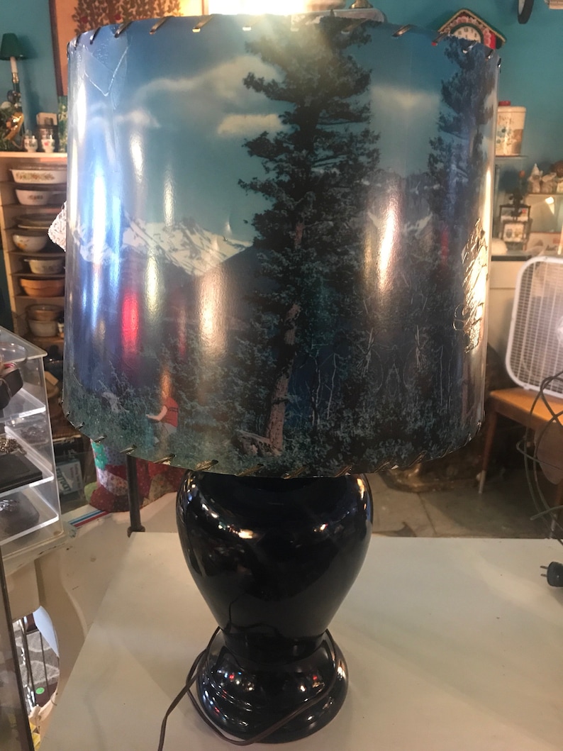 AS IS Cobalt Blue Ginger Jar Lamp Vintage Large Blue Ginger Jar Lamp MCM Picture Lamp Shade Ginger Jar Lamp With Scenic Lampshade