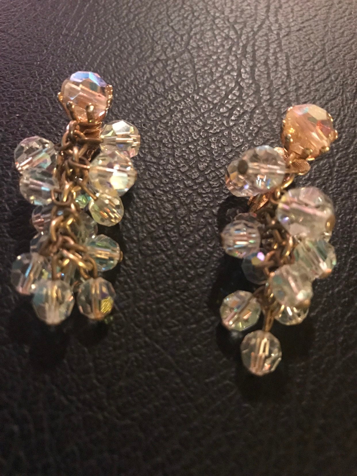 Vintage Crystal Bead Clip Earrings. Aurora Borealis Crystal Bead