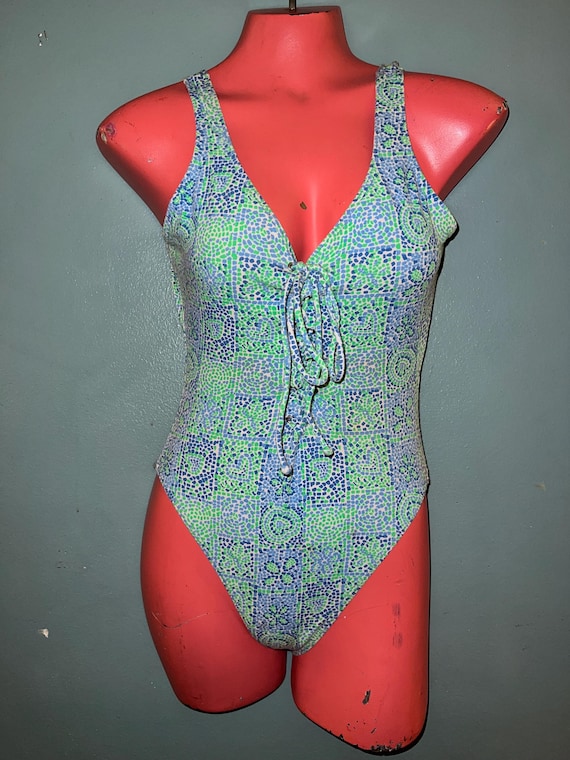 Vintage 1980's Green and Blue Bathing Suit, Size 9/10