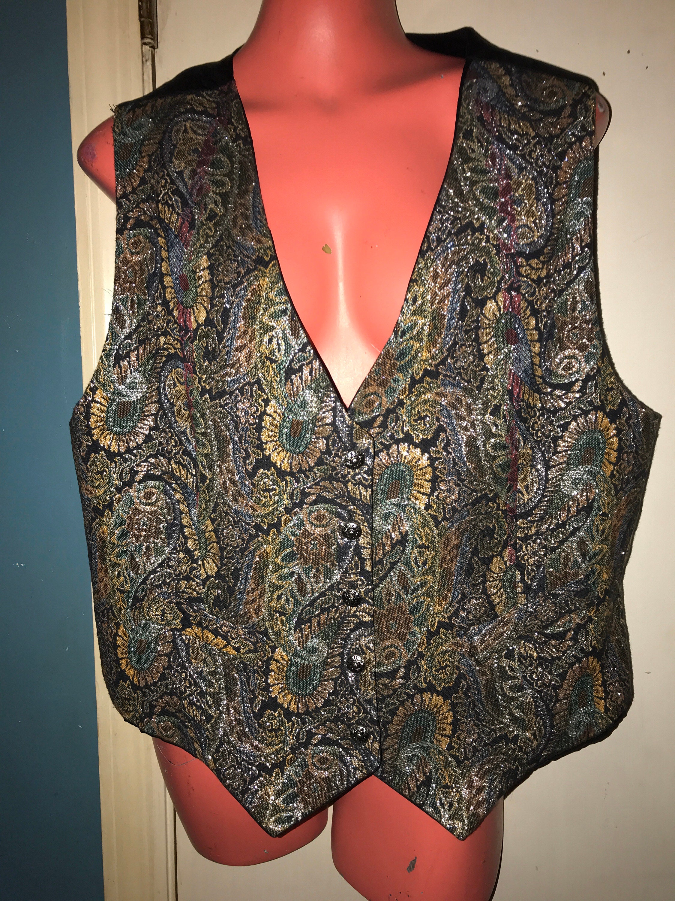 Vintage Metallic Tapestry Vest. Paisley Tapestry Vest. Metallic Paisley