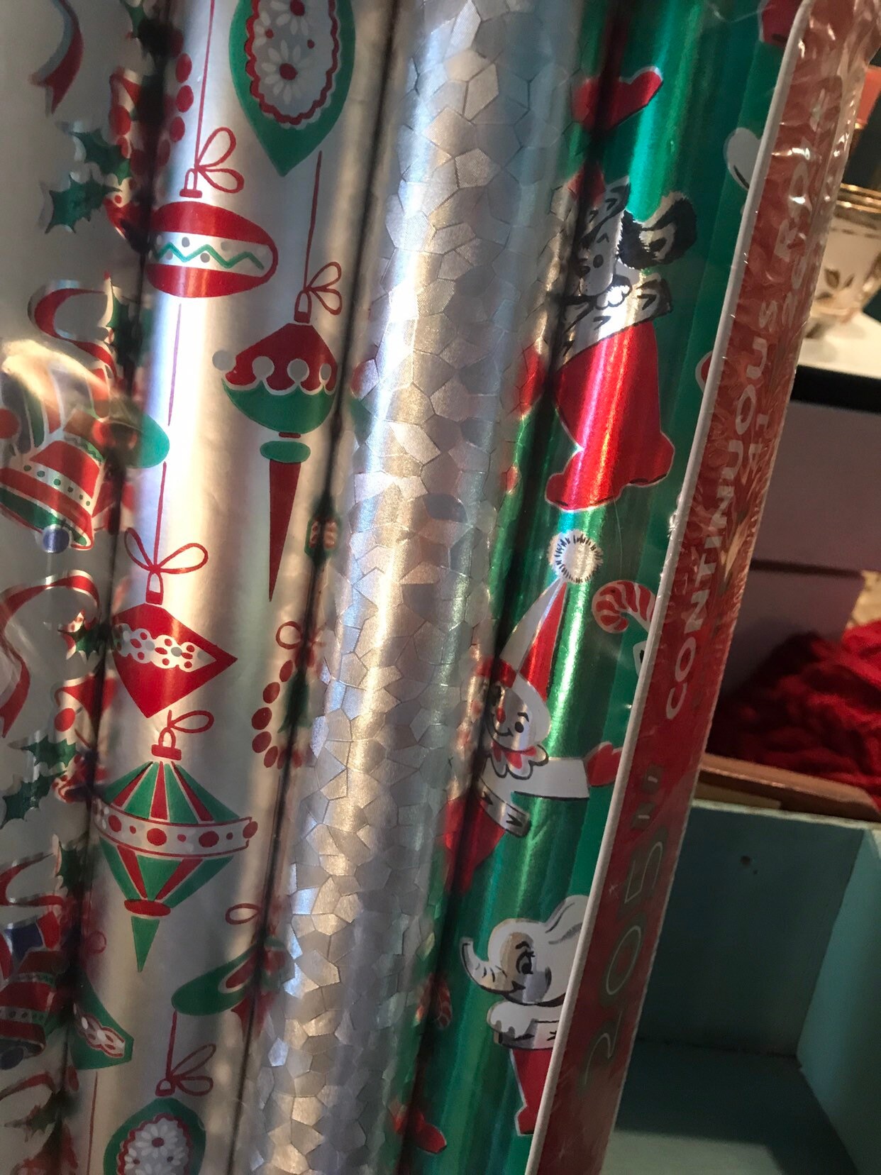 Vintage Foil Christmas Wrapping Paper Roll. Set of Five NIP Foil Wrapping Paper Rolls. New Vintage Foil Christmas Wrapping Paper Roll. Set of Five NIP Foil Wrapping Paper Rolls. New