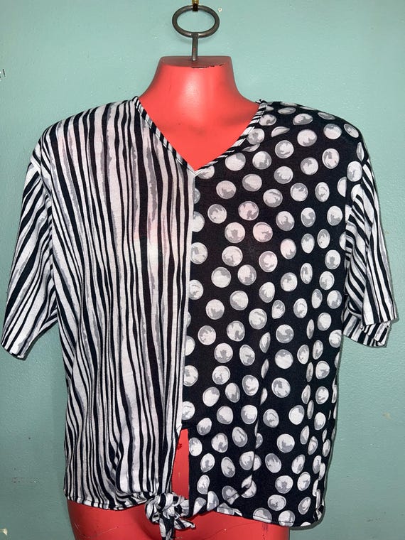 Vintage 80's Black and White Polka Dot Striped Shirt, Size Medium