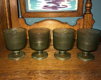 Vintage Green Small Glass Goblets. Set of Four Short Avocado Green Stemmed Glasses. Little Green Goblets. Four Textured Whiskey Glasses