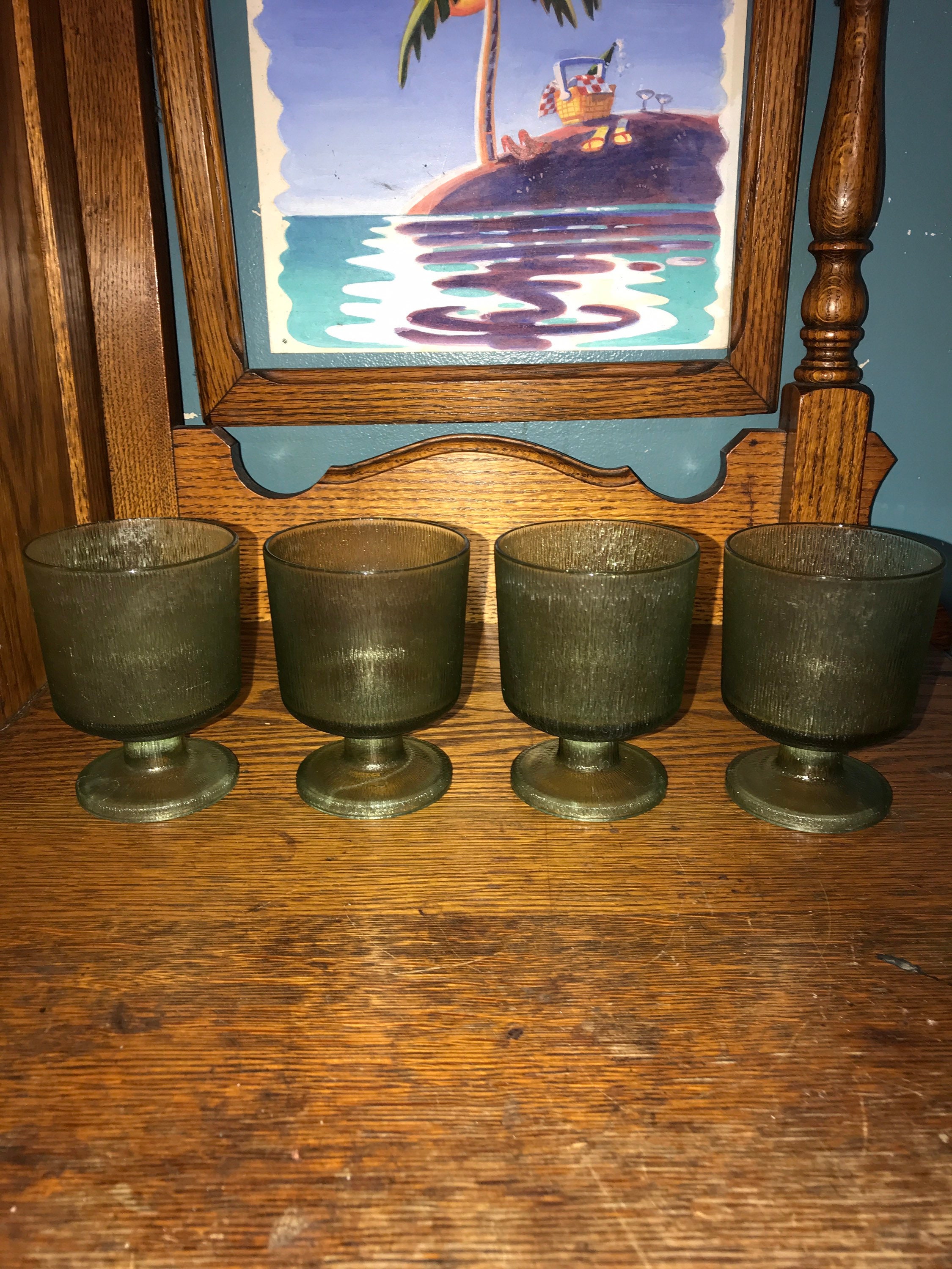 Vintage Green Small Glass Goblets. Set of Four Short Avocado Green