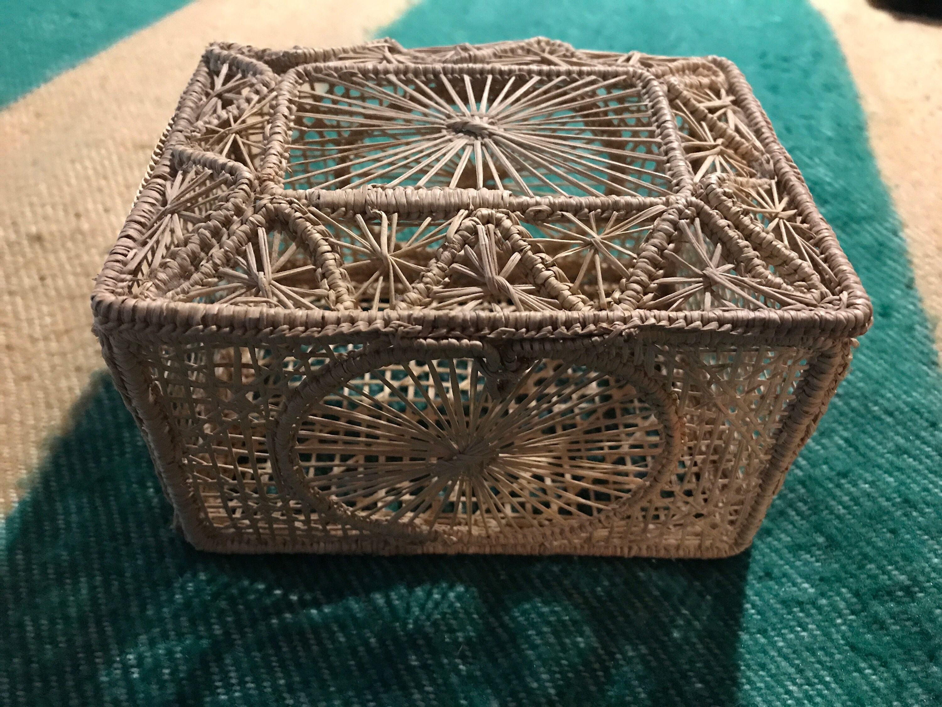 Vintage Small Woven Basket With Lid. Bohemian Woven Basket. Small