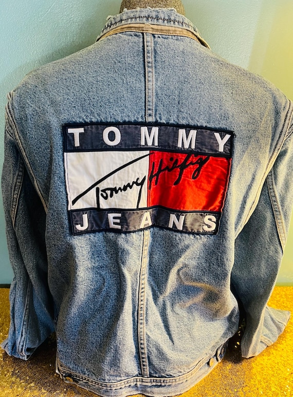 Vintage 90’s Rare Tommy Hilfiger American Flag Jean Jacket, Big Patch, Size Medium