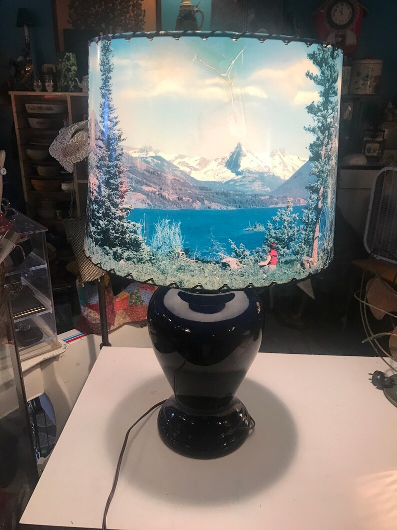 AS IS Cobalt Blue Ginger Jar Lamp Vintage Large Blue Ginger Jar Lamp MCM Picture Lamp Shade Ginger Jar Lamp With Scenic Lampshade