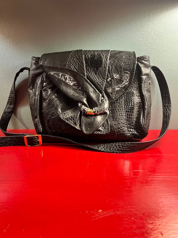 Vintage 1980’s Black Leather Patchwork Purse - image 2