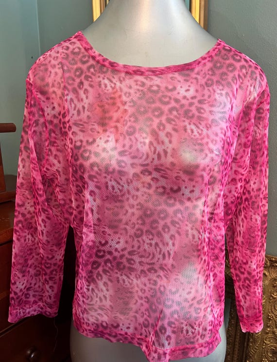 Vintage 1990’s Sheer Pink Leopard Print Shirt, Thin Layering Shirt, Size Large