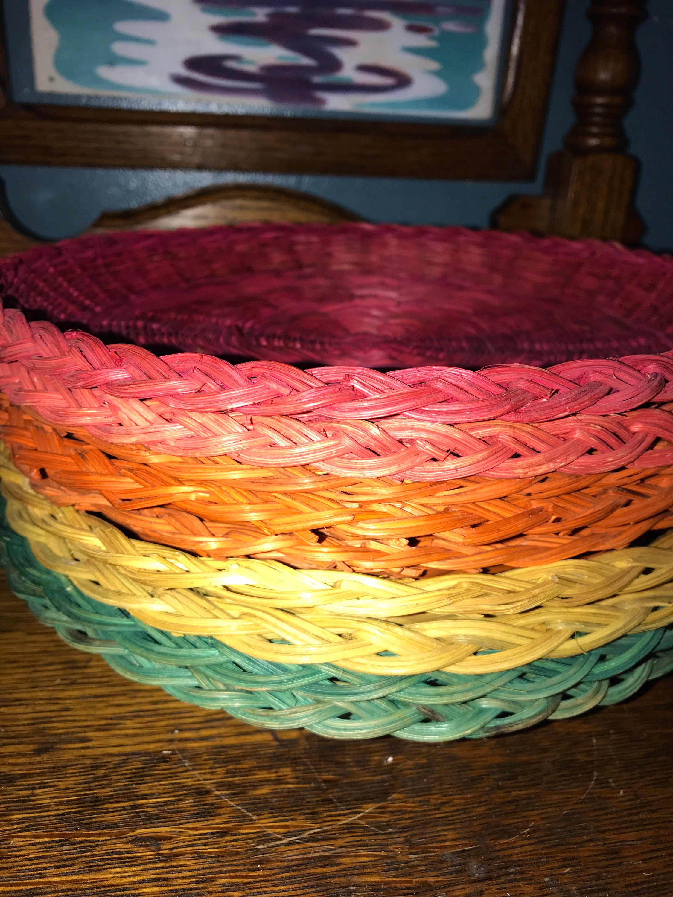 Vintage Wicker Paper Plate Holders. Set of Nine Colorful Rattan Paper