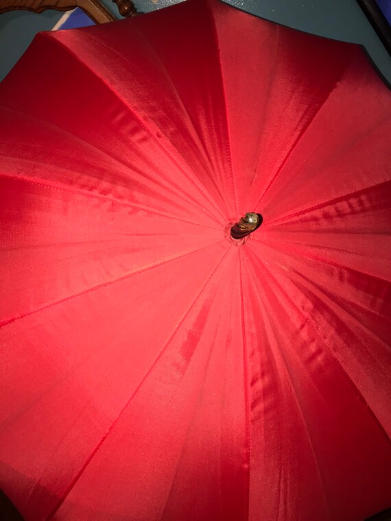 Vintage Red Umbrella. Lucite Handle and Tip Red U… - image 1