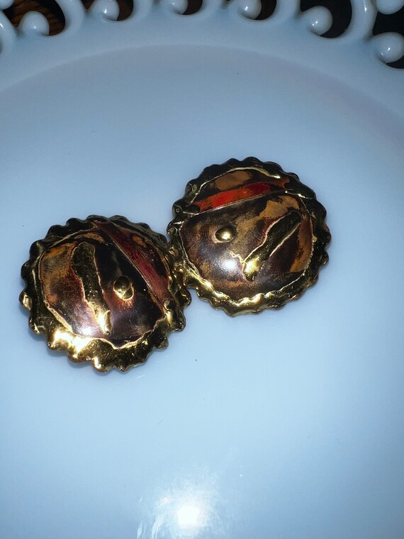 Vintage Brass and Copper Abstract Earrings. Big Artist Made Brass and Copper Earrings. Post Earrings