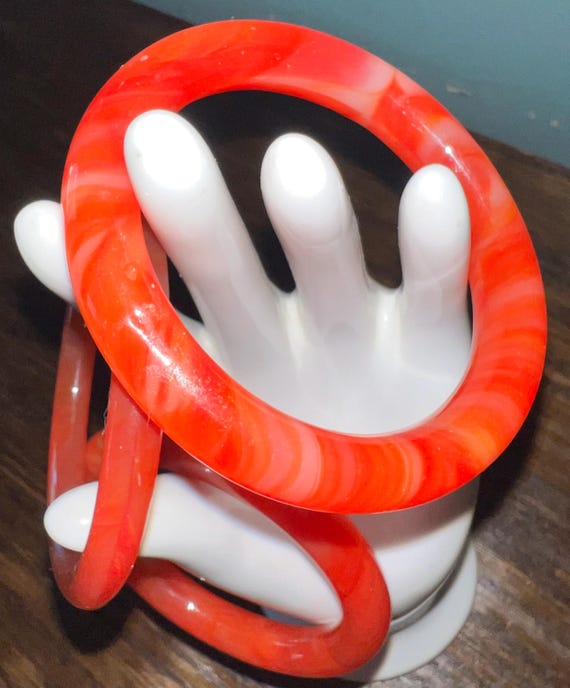 Vintage Set of Three Red Glass Bangle Bracelets, Art Glass Bangles