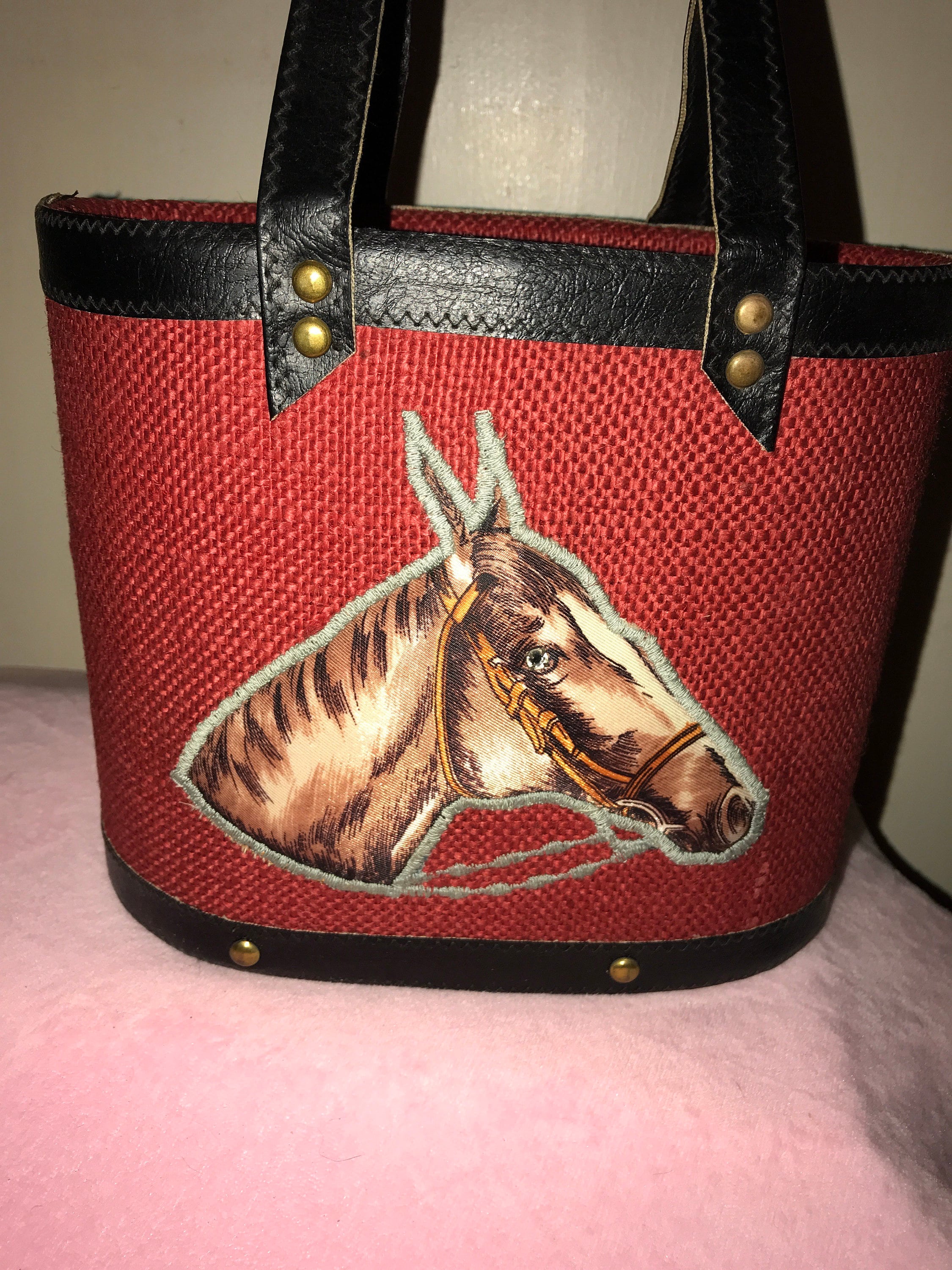 Vintage Horse Purse. Red Burlap Puffy Horse Purse. Puffy Horse Head