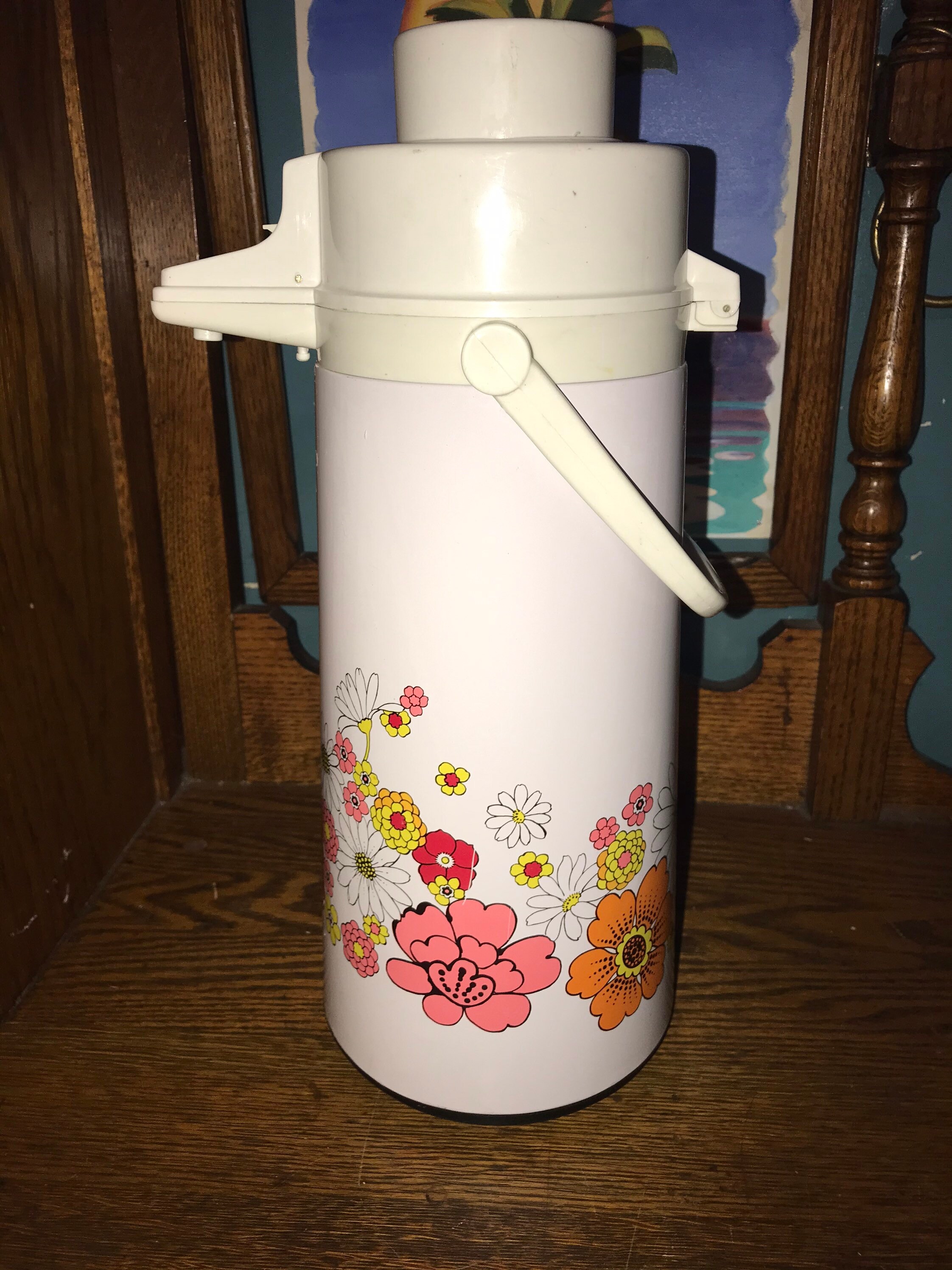 Vintage Floral Airpot Thermos. Retro Pump Thermos. White With Flowers