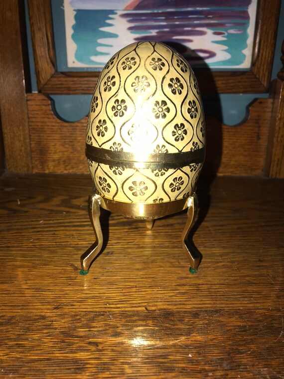 Vintage Brass and Enamel Egg With Stand. Brass Egg Box With Stand. Heavy Brass Egg With Brass Stand. Brass and Enamel