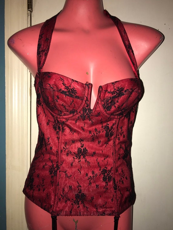 Vintage Lace Corset Lingerie. Black and Red Lace … - image 1