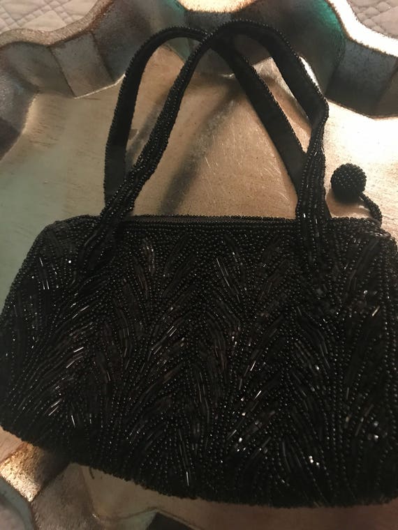 Vintage Black Beaded Evening Bag. Black Beaded Pu… - image 6