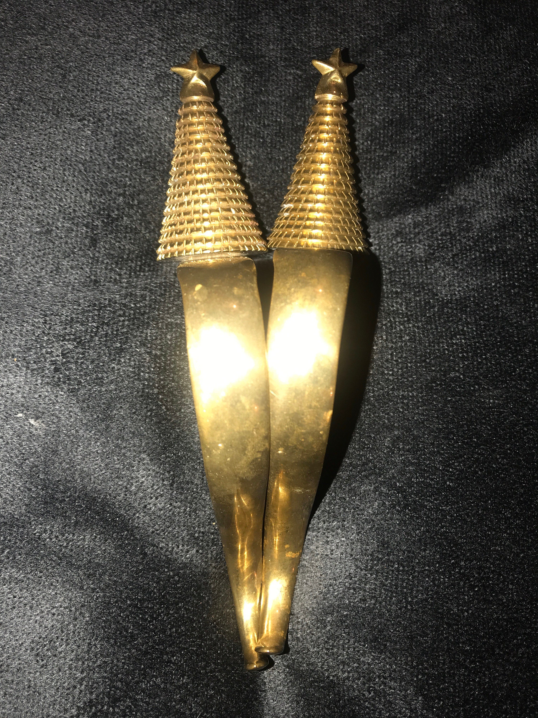 Vintage Brass Christmas Tree Stocking Holders. Set of Two Solid Brass
