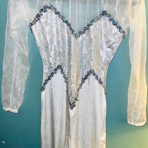 Vintage 80s White and Silver  Bell Pantsuit With Sequins, Size Small