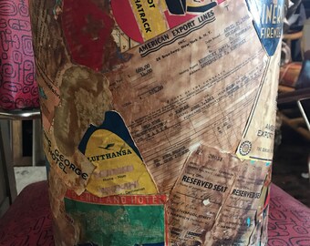 Vintage Metal Trashcan. Decoupage Trashcan. Very Cool Travel Metal Trashcan. Home Decor. Decoupage Decor.